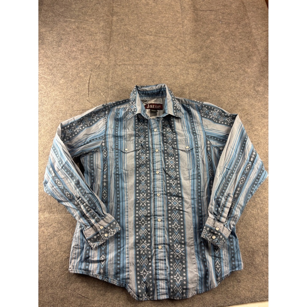 Janie Blue Tribal Stripe Western Pearl Snap Button Down Shirt Mens L Western